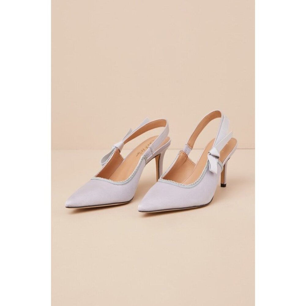 Lulus Ancolie Silver Satin Bow Pointed-toe Slingback Pumps - Size 9